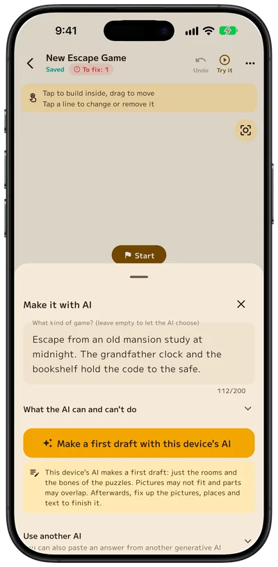 Writing a story and asking generative AI for a draft of rooms and puzzles